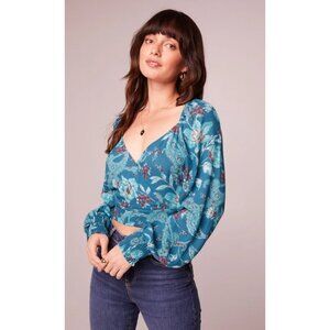 Band of the Free Sybille Teal Floral Crossover Crop Top Sz Small Womens Deep Tea